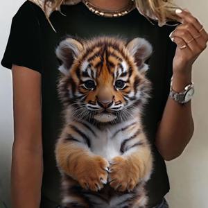 TEMU 여성용 슈퍼 귀여운 호랑이 프린트 블랙 티셔츠, 귀여운 동물 스타일 반팔 셔츠, 여성용 우아한 탑, 여성용 캐주얼하고 편안한 라운드넥 티셔츠, 여성용 사계절 탑