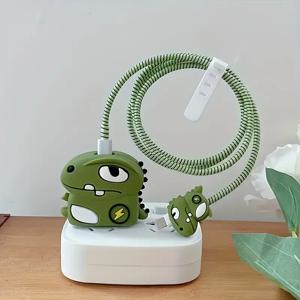 TEMU Apple 18W/20W 고속 충전기 보호 케이스, 만화 공룡 데이터 케이블 보호대 및 충전기 콤보, USB-C 충전기 추가, 귀여운 공룡 디자인 PVC 쉘, 배터리 미포함, 남자친구/여자친구를 위한 이상적인 선물