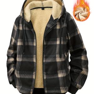 TEMU 남성용 가을 겨울 신상 체크무늬 기모 안감 두꺼운 따뜻한 지퍼업 가디건, 지퍼 포켓 및 후드 재킷