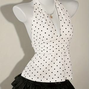 TEMU 여성용 물방울 무늬 프린트 러플 로우 플런지 V넥 숏 캐미