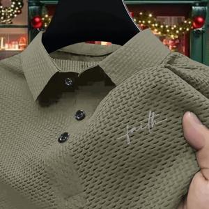 TEMU [신상 아이스 실키 원단 상의] 아이스 실키 원단 프린트 폴로 셔츠 격자무늬 주름진 오목한 공예 남성용 고급 여름 스포츠 및 캐주얼 상의 | 반팔 단색 티셔츠 반팔 다기능 골프, 낚시, 농구, 캠핑, Fi