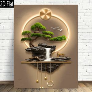TEMU 2D 플랫, 2D 플랫, 1개, 분재 나무와 폭포가 있는 일본 정원 벽걸이 장식, 프레임리스 캔버스 벽화, 모던 레트로 디자인, 고품질 인쇄 포스터, 우아한 홈 오피스 장식, 홈 할로윈 크리스마스 선물