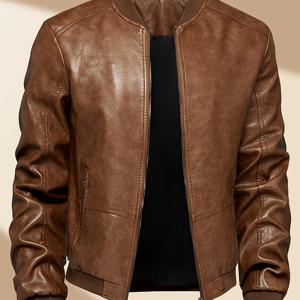 TEMU 남성용 뉴 팝 모터사이클 자켓 - 방풍 논스틱 백, 풀 지퍼 디자인, 라운드 넥 롱 슬리브 바이커 자켓 - 세탁기 사용 가능 PU 가죽 모터사이클 라이딩 및 캐주얼 코트, 일상 및 정장 장소에 적합 - 브라운 블랙, 패셔너블 스타일, 고품질 제작