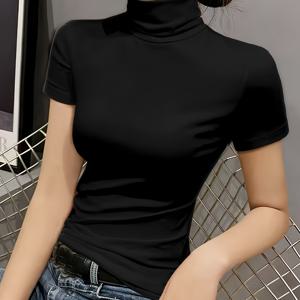 TEMU 솔리드 컬러 하이넥 반팔 여성 티셔츠, 슬림핏 & 매력, 패셔너블 & 엘레강트, 편안함, 부드러움 & 통기성, 고탄력 원단, 세탁기 사용 가능, 봄/여름용 다용도 베이스 셔츠