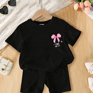 TEMU 여아용 패셔너블하고 심플한 여름 반바지 세트 2개: 앞뒤 보우노트 하트 프린트 라운드 넥 니트 반팔 티셔츠 + 블랙 신축성 허리밴드 바지 세트. 야외 휴가, 파티, 데일리 캐주얼웨어용 다용도 아동복. 편안하고 부드러우며 통기성이 좋고 땀을 흡수하는 여름 의류, 6개월-3세 유아용, 야외 활동에 적합