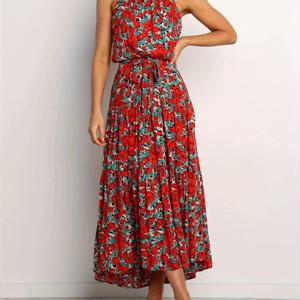 TEMU 여성용 레드 플로럴 홀터넥 원피스, 하이웨스트, 롱 스커트, 파티 및 데이트에 적합
