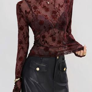 TEMU 우아한 크루넥 벨벳 플로럴 프린트 긴팔 블라우스 | 2025 가을 신상 여성용 시어 메쉬 탑, 스키니 핏, 레귤러 길이