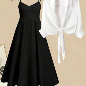 TEMU 세련된 쉬폰 타이, V넥, 플리츠 디자인의 우아한 롱 드레스가 특징인 봄/여름 투피스 휴가 의상입니다. 이 여성용 세트에는 포멀한 행사, 결혼식에 적합한 스타일의 드레스가 포함되어 있습니다.