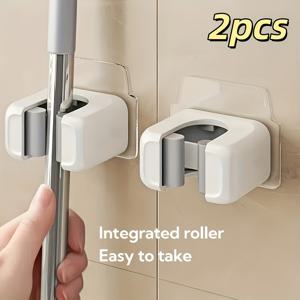 TEMU 2개입 간편 설치 벽걸이형 걸레 및 빗자루 홀더 - 자가 접착식, 드릴 불필요, 가정용 수납 장치, 주방 및 욕실에 적합 - 내구성 좋은 흰색 플라스틱 재질, 다용도 후크