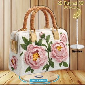 TEMU 2D 평면 회전 아크릴 장식품 - 핑크 모란이 있는 우아한 화이트 핸드백, 360도 회전 받침대, 내구성이 좋고 세척이 용이한 장식 예술 작품, 전기 불필요, 가정, 사무실, 거실에 적합 - 완벽한 선물 아이디어, 장식 장식품