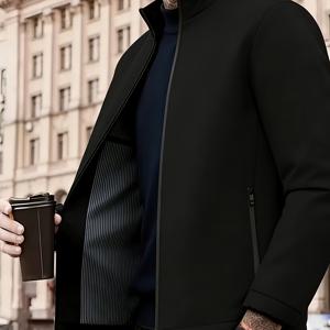 TEMU 남성용 캐주얼 경량 플라이트 자켓 - 단색, 스타일리시한 블랙 지퍼 포켓, 경량 스탠드업 칼라 스타일, 패셔너블한 봄/가을 트렌드/ 자켓/스타일리시한 남성 아우터웨어, 편안한 핏 | 내구성 있고 주름 방지 디자인 | 직장, 데이트, 야외 활동에 적합