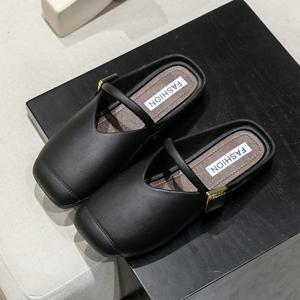 TEMU 여성용 레트로 버클 뮬 슬리퍼 - 편안한 플랫 논슬립 인조 커버 샌들, 스퀘어 토 백리스 슬라이드, 사무실 및 캐주얼용, 클래식 탠 여성용 하우스 슈즈, 여성 신발