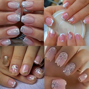 TEMU 글리터 파우더로 장식된 짧은 사각 프레스온 네일 컬렉션. 다양한 행사 및 여성용 데일리 사용에 적합한 완벽한 커버력을 제공합니다.