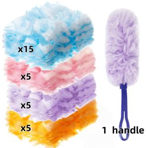 TEMU 10//40/50개입의 다색 일회용 정전기 먼지떨이 세트입니다. 튼튼한 두께의 디자인으로 사용 후 폐기하는 방식이며, 파란색 손잡이가 달려 있습니다. 냄새가 나지 않아 가구, 전자기기 등을 포함한 가정 청소에 적합합니다.