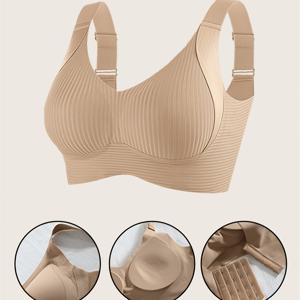 TEMU 2026 봄 신상 여성 플러스 사이즈 풀 커버리지 푸쉬업 브라 - 무선, 조절 가능한 스트랩, 심리스 디자인, 탈착식 패드 및 사이드 포함 - 편안한 캐주얼 웨어, 일상적인 운동에 적합