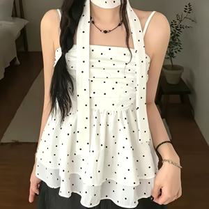 TEMU 폴카 도트 러플 트림 캐미솔 탑, 스위트하고 엣지있는 스파이시한 루즈핏 캐미 탱크탑, 무료 넥타이 포함