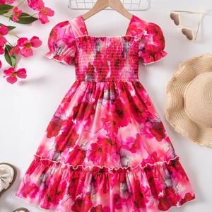 TEMU Girls' Summer Short Sleeve ess, Prinss ess with Shirred Design, Fashionable New Style Cool Summer ess for Little Girls, Perfect for Vacations and Beachside Casual Wear