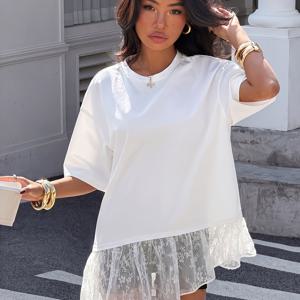 TEMU 여름 여성용 캐주얼 라운드넥 레이스 패치워크 루즈 반팔 티셔츠