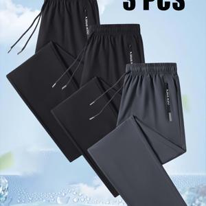 TEMU 남성용 캐주얼 스포츠 팬츠 3개 세트, 아이스 실키 섬유 원단, 쿨링 및 속건성 기능, 야외 스포츠 및 통근용