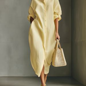 TEMU 여성용 옐로우 루즈핏 셔츠 원피스, 편안하고 캐주얼한 스타일, 미디 길이 디자인 및 사이드 슬릿; 독특하고 스타일리시한 셔츠 원피스