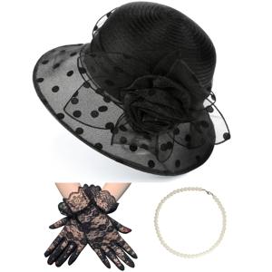 TEMU 3피스 여성용 새로운 쉬폰 플라워 디자인 낚시 모자, 폴카 도트로 더욱 패셔너블하고 고급스러운 룩을 연출합니다. 목걸이와 장갑이 함께 제공되어 파티, 저녁 식사를 위한 필수품 3피스 세트입니다.