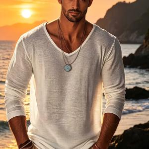 TEMU 캐주얼 긴팔 V넥 티셔츠, 봄/가을 야외 남성 의류