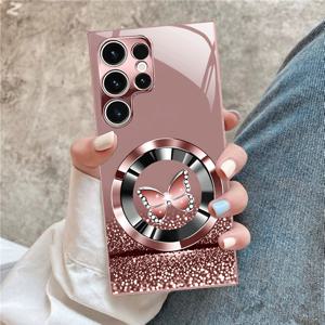 TEMU 휴대폰 케이스 - 핑크 나비 반지, 자석 없는, 가벼운 고급스러운 공예 패턴, '전자 도금 핑크 오리지널 휴대폰 케이스, 삼성 S26/S26 플러스/S26 울트라/S25/S25 FE/S24/S23/S22/S21/S20/노트 10/노트 20/A73/A72/A71/A55/A54/A53/A52에 적합