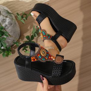 TEMU 새로운 여름 스타일 여성용 웨지 힐 플랫폼 샌들, 빈티지 우븐 갑피와 나무 구슬 디자인으로 일상 야외 해변용 신발, 여성 신발