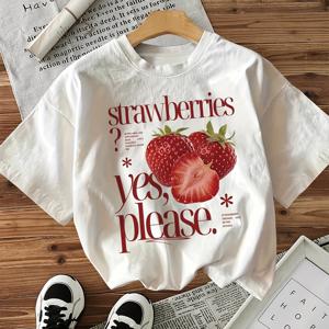 TEMU 여성용 캐주얼 스포티 라운드넥 반팔 티셔츠, 앞면 딸기 프린트, 봄/여름용