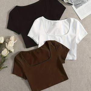 TEMU 여성용 Y2K 숏 크롭 티셔츠 3pcs - 스퀘어넥 반팔 크롭 H라인 탑, 솔리드 컬러 숏 레이어링 여름 블라우스, 캐주얼 & 오피스웨어 (세탁기 사용 가능) - 봄 여름 가을 3시즌 3 for 1