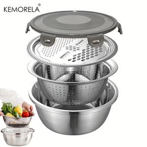 TEMU KEMORELA 4-in-1 스테인리스 주방용품 1개: 뚜껑이 있는 다기능 세척대, 밀폐 쌀세탁기, 배수 체, 생강 및 치즈 그레이터 - 필수 요리 도구