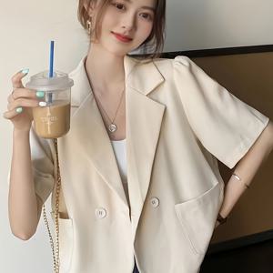 TEMU 2025 봄/여름 신상 시크 얇은 레트로 라펠 MM 반팔 빅 포켓 다용도 셔츠 탑, 패셔너블 루즈한 스타일 반팔 여성용 스위트 재킷