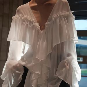 TEMU 시스루 브이넥 여름 비치 블라우스 - 세미 시스루 루즈핏 긴팔 셔츠, 슬릿 밑단 & 플레어 러플 커프스, 수영장가나 캐주얼웨어용 쉬폰 커버업 (패드 없음) - 손세탁 가능