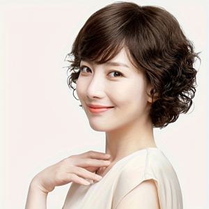 TEMU 중년 여성용 패셔너블한 숏 컬리 가발, 푹신하고 풍성한 스타일 연출