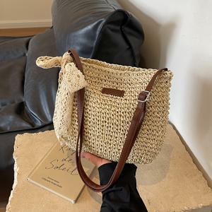 TEMU 여성용 여름 라탄 짚 가방 니트 비치백 스타일 크로스백