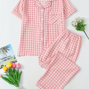 TEMU 여성용 파자마 세트 2pcs, 라펠 칼라 반팔 및 긴 바지, 봄 여름 가을, 패션 귀여운 프린트