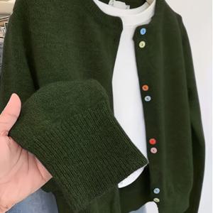TEMU 컬러풀 버튼이 달린 그레이 스웨터, 여성용 라운드넥 가디건