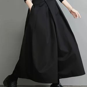 TEMU BK0716115 여성용 엘레강스 블랙 와이드 레그 하렘 팬츠 - 단색, 신축성 없음, 버튼 디테일, 봄, 여름, 가을 캐주얼 및 정장용, 편안한 핏, 구조적인 디자인, 가벼운 원단, 클래식 스타일, 성인 여성 전용