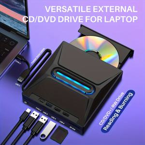 TEMU 업그레이드된 휴대용 외장 CD DVD 드라이브, USB 전원 Type-C & USB 3.0 멀티기능 DVD+/-RW 라이터/버너, SD 카드 리더, 3포트 USB 허브, 윈도우, 리눅스, 애플 OS용 플러그 앤 플레이