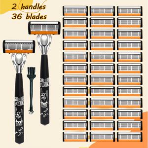 TEMU 힙합 스타일 남성용 수동 면도기 (오렌지 & 화이트 블레이드 색상), 초고휨 블레이드 6개 포함. 각 세트에는 핸들 2개와 교체용 블레이드 36개 포함. 간편한 유지 보수 및 반복 사용을 위한 클리닝 브러쉬 포함