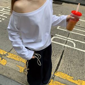 TEMU 화이트 루즈 오프숄더 원넥 긴팔 티셔츠 여성용 베이스 탑