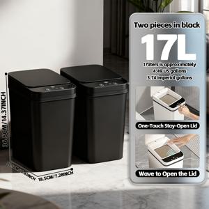 TEMU 17L/4.49gal 센서 휴지통 - 터치리스 웨이브 및 발 센서 + 버튼 스테이 오픈 모드, 블랙 직사각형 디자인, 무소음 닫힘, 내구성 있는 플라스틱, 주방 욕실 사무실 가정용 선물용 1개/2개 세트