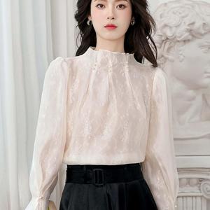 TEMU 첸진 성격 스탠드업 칼라 진주 레이스 셔츠 봄/가을 신상 스타일 작은 향 스타일 고급 탑