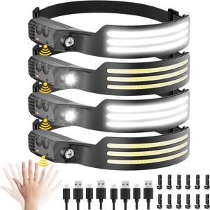 TEMU 4개 충전식 LED 헤드램프 세트, 모션 센서 230° COB 헤드램프, 이마등, 성인 헬멧 라이트, LED 헤드밴드 손전등 필수 장비 (작업, 하이킹, 러닝, 캠핑용)