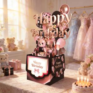 TEMU 3D 팝업 생일 카드 (봉투 포함), 핑크 장미 골드 풍선 및 선물 상자, 파티 초대장, 생일 선물, 아버지의 날, 어머니의 날, 발렌타인데이 선물, 친구 및 가족용