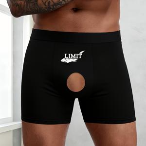 TEMU 남성용 롱 오픈홀 드로즈, 상어 'LIMIT' 디자인, 앞면 컷아웃, 솔리드 블랙 색상, 흡습성, 통기성 소재, 신축성 있는 원단으로 제작된 편안하고 착용감 좋은 스냅핏