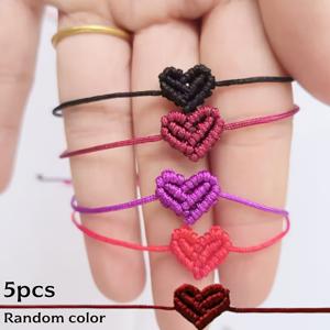 TEMU 수제 하트 모양 팔찌 5개 세트 - 핑크, 퍼플, 레드, 블랙 하트 - 조절 가능한 직조 끈, 우아한 사랑 팔찌, 결혼식, 발렌타인데이 선물, 파티 용품, 캐주얼 의상