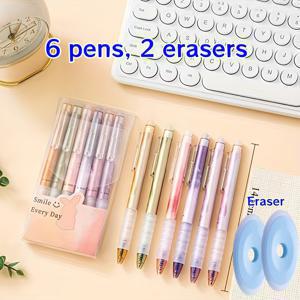 TEMU 8개입 전문가용 지워지는 펜 세트, 0.5mm 팁 파란색 휴대용 지워지는 젤 펜, 부드러운 필기, 깨끗하고 흔적 없는 수정, 부드럽고 연속적인 잉크 학생 시험 과제 저널 다이어리 필수 문구 용품 (펜 6개 + 지우개 2개)