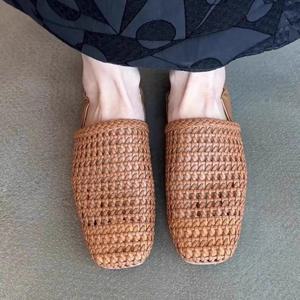 TEMU 여성 빈티지 바캉스 스타일 우븐 무릎靴, 데일리룩으로 활용하기 좋은 사각발가락, 통기성 좋은 속이 빈 플랫, 캐주얼 출퇴근에 적합, 여성 신발