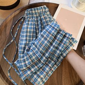 TEMU Vintagel 여성용 블루 체크무늬 플로럴 캐주얼 팬츠, 2026 봄/여름 신상 키 작은 여성을 위한 하이웨이스트 와이드레그 팬츠, 루즈핏 레그 트라우저, 편안한 배 모양 몸매용 라운지 수면 바지